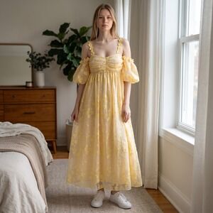 Hofmann Copenhagen Irina Yellow Floral Devore Cold Shoulder Midi Dress Size 42